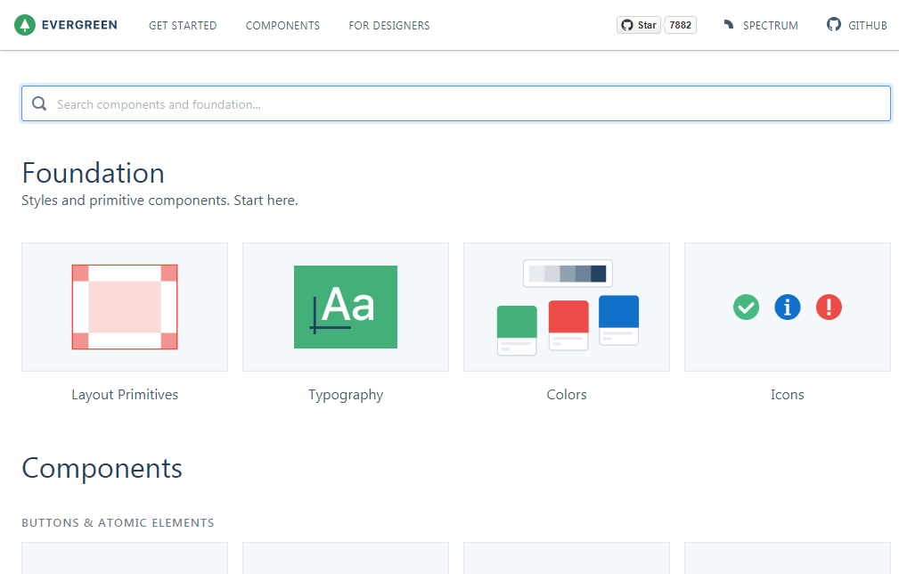 Screenshot of the Evergreen user interface with a Rect UI twist. The page features a navigation header with options like "Get Started," "Components," "For Designers," "Spectrum," and "GitHub." Below, sections titled "Foundation" and "Components" are displayed, complete with related icons and links.