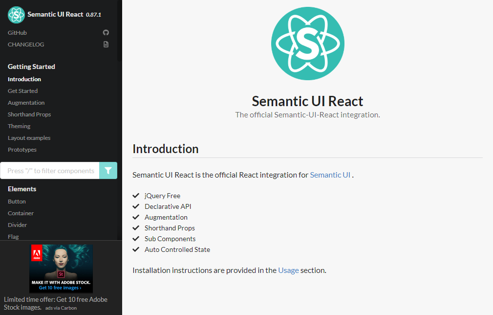 Screenshot of the Rect UI documentation page. The sidebar includes links to various sections such as "Introduction" and "Elements". The main section shows the "Introduction" page with a logo, description, features list, and a link to usage instructions.