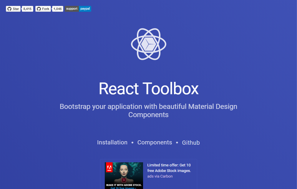A blue webpage for React Toolbox displaying a white logo at the top. Below, the text reads "React UI Toolbox: Bootstrap your application with beautiful Material Design Components." There's a navigation menu with links to "Installation," "Components," and "Github." At the bottom, there's an Adobe Stock advertisement. The top of the page shows GitHub stats such as stars, forks, and support options.