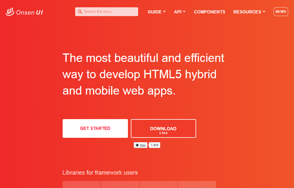 Screenshot of the Onsen UI website home page. The page has a red gradient background with white text and a navigation menu at the top. Main text reads "The most beautiful and efficient way to develop HTML5 hybrid and mobile web apps." Buttons for "Get Started" and "Download." Similar to Rect UI.