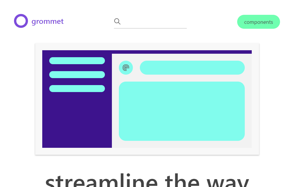 A Rect UI web interface mockup features a search bar at the top center, a sidebar with three horizontal lines on the left, and a larger content area on the right. The "grommet" logo adorns the top left corner, while a green "components" button is positioned in the top right corner.