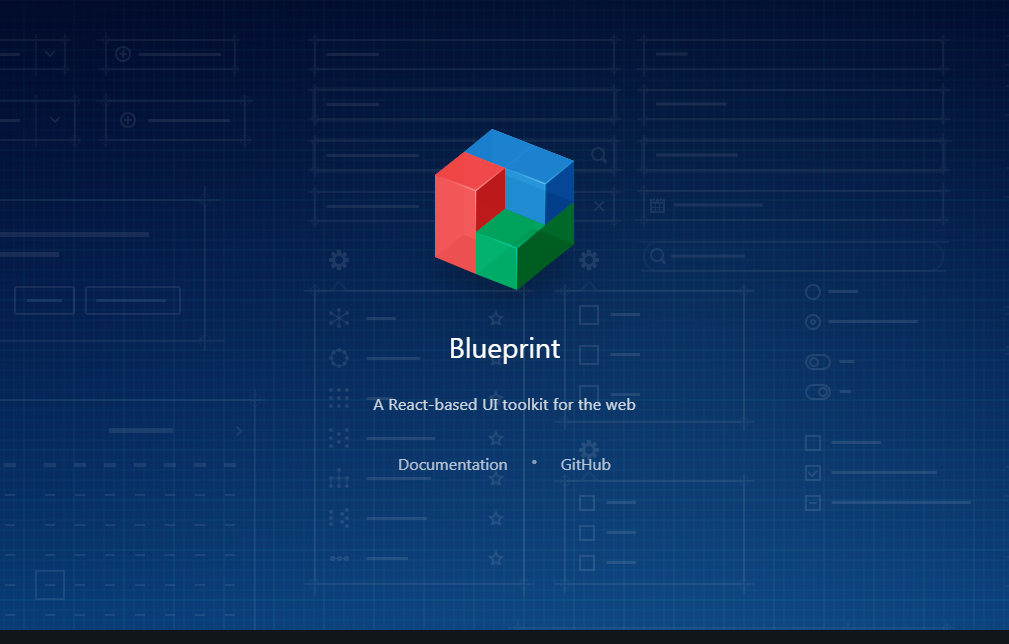 Blueprint website homepage. Centered is a colorful cube logo above the text "Blueprint: A React-based UI toolkit for the web." Below are two links: "Documentation" and "GitHub." The background shows a faint wireframe grid with Rect UI element outlines.