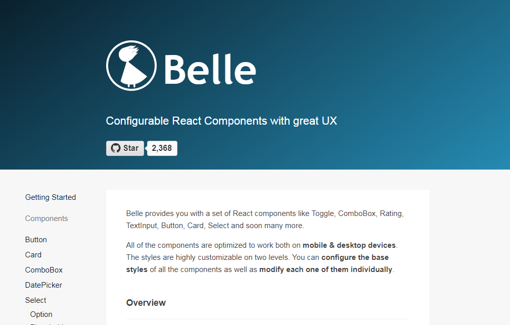 A webpage titled "Belle" features a star icon with the number 2,368 next to it. The page offers configurable React UI components with a focus on UX. The sidebar lists components like Toggle, ComboBox, and Select. The main section talks about mobile and desktop optimization and styling.