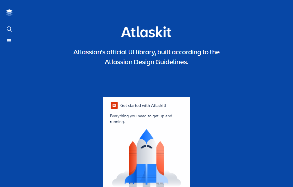 A screenshot of Atlastkit's webpage. The header reads "Atlasskit." The subtitle says, "Atlassian's official UI library, built according to the Atlassian Design Guidelines." Below this is an image of a blue and red rocket labeled, "Get started with Atlastkit," showcasing Rect UI elements.