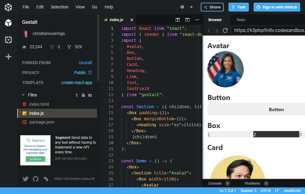 A code editor interface displays 'index.js' with code for a React UI component. The right pane shows a preview with sections labeled Avatar, Button, Box, and Card. A GitHub sign-in option is available at the top right corner.