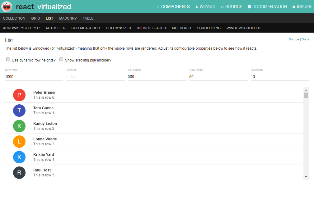 A screenshot of the "List" component page from the React Virtualized library documentation. It shows a Rect UI list of five names with circular colored icons beside each name. The first name is Peter Brimer and the last name shown is Raal Host.