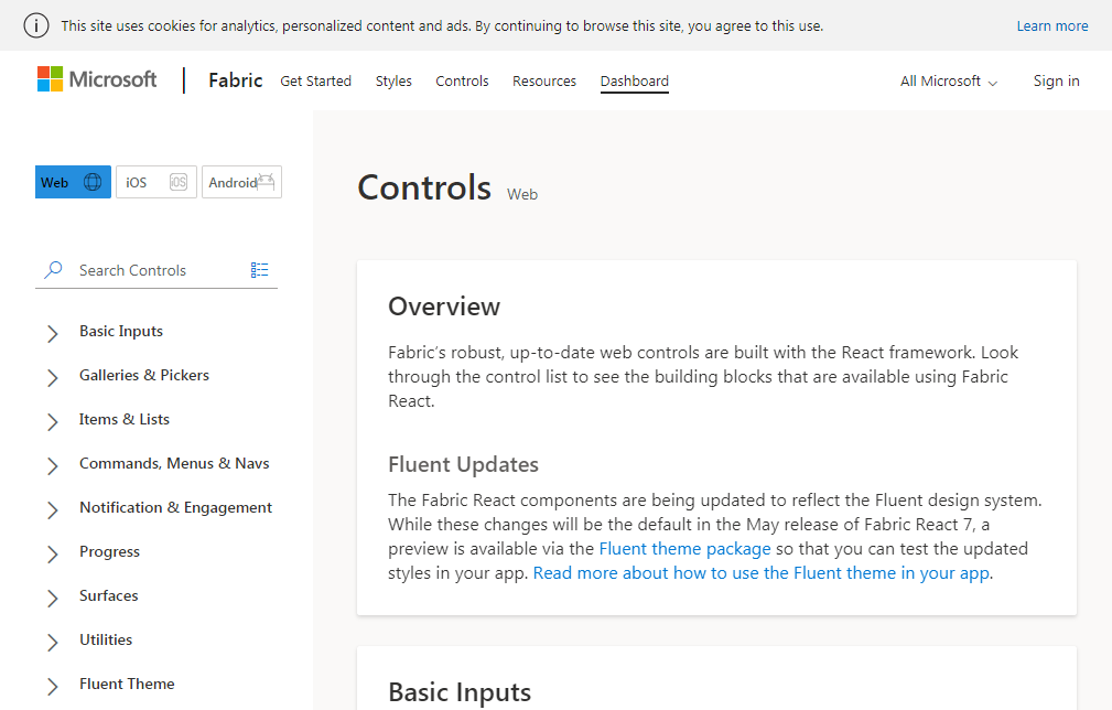 Screenshot of a Microsoft Fabric dashboard with a navigation menu on the left. The main panel includes sections like Controls, Overview, Fluent Updates, and Basic Inputs. It features information about Rect UI components alongside Fabric React and Fluent theme updates.