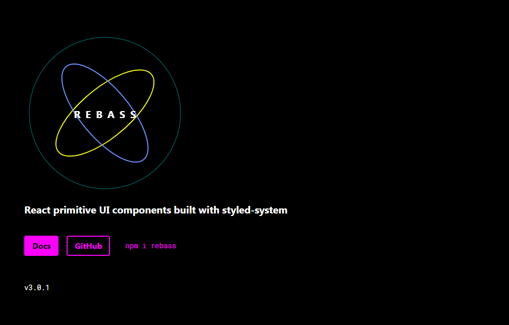 A black background features the REBASS logo with three overlapping ellipses in blue, yellow, and pink. Below the logo, white text reads "React primitive UI components built with styled-system." Buttons labeled "Docs," "GitHub," and "npm i rebass" are displayed. Rect UI version 3.0.1 is noted at the bottom.