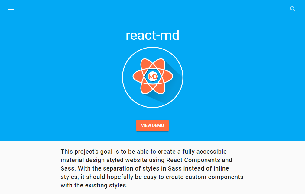An informational webpage for "react-md," featuring a blue background with a logo resembling an atom. There is a "View Demo" button below the logo. The description underneath outlines the project's goal of creating accessible material design styled websites using React UI Components and Sass.