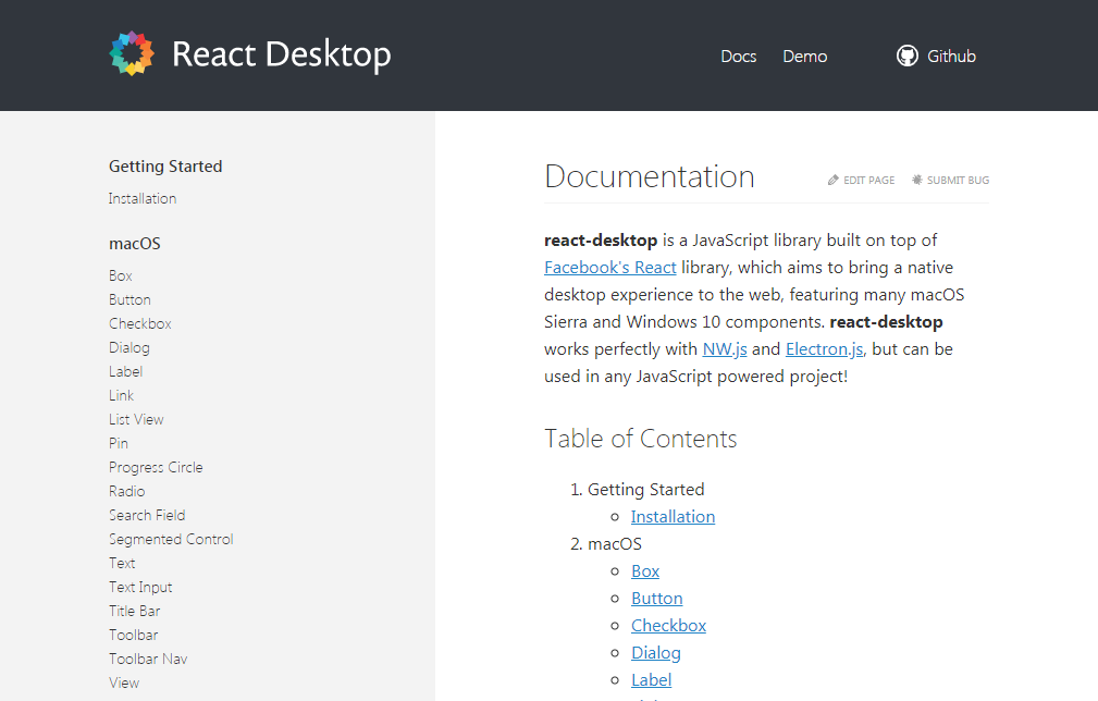 Screenshot of the React Desktop documentation page. The page includes a sidebar with links for installation and various macOS components, while the main section features an introduction to React Desktop, its compatibility with Rect UI, and a Table of Contents for the guide.